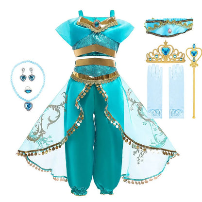 Children Aladdin Lamp Dress Kids Jasmine Costume Girls Birthday Princess Cosplay Shoulderless Outfit Carnival Clothes 3-10T
