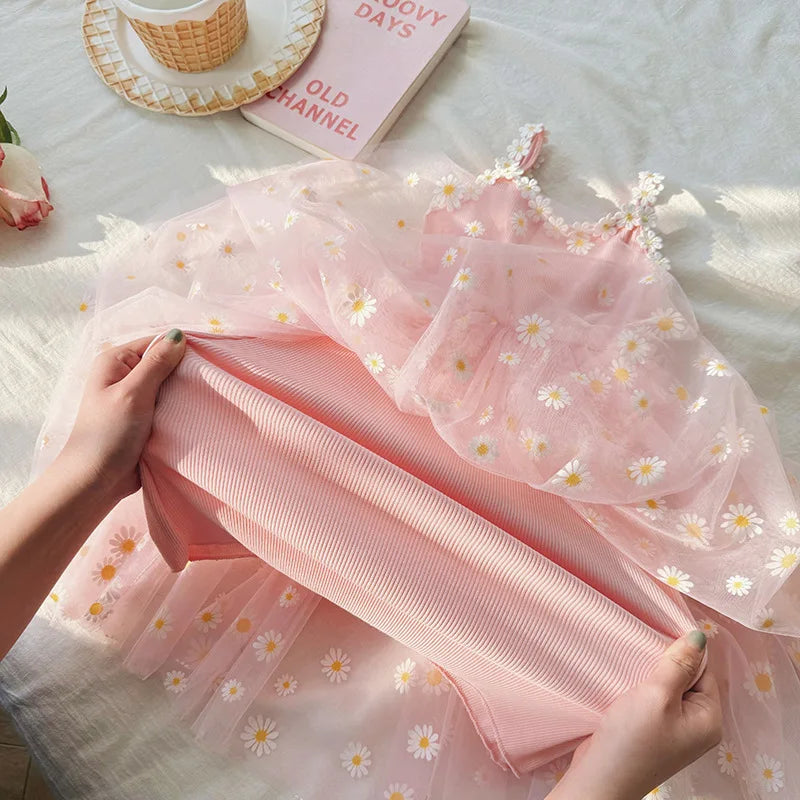 Girls Casual Dresses Little Daisy Flower Mesh Dress for Girls Summer Camisole Pompadour Dress Girls Clothes for2 To 7 Years