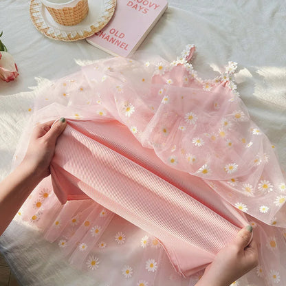 Girls Casual Dresses Little Daisy Flower Mesh Dress for Girls Summer Camisole Pompadour Dress Girls Clothes for2 To 7 Years