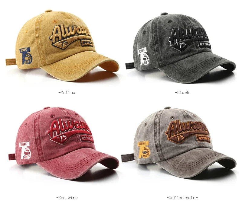 2025 Spring/Summer Unisex Cotton Baseball Cap Vintage Washed with Alphabet  ALWAYS Embroidery - Hip-Hop Inspired Snapback Design