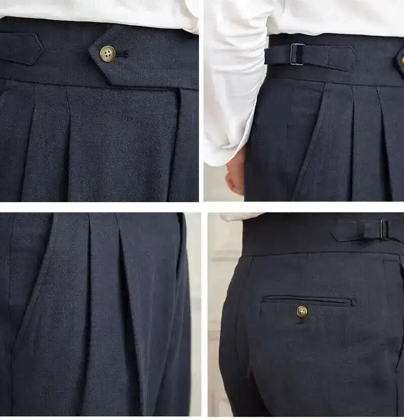 Linen Cotton High Waist Straight Casual Pants Men Versatile Naples Gentleman Pleated Pants High Quality Italian Dress Trousers