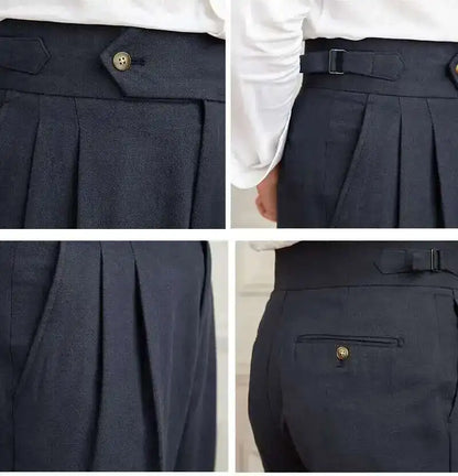 Linen Cotton High Waist Straight Casual Pants Men Versatile Naples Gentleman Pleated Pants High Quality Italian Dress Trousers