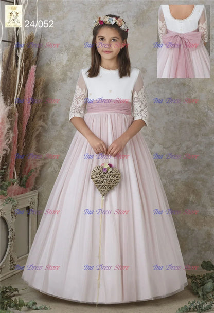 Elegant Long-sleeved Tulle Lace Printing Flower Girl Dress Princess Ball First Communion Dresses Kids Surprise Birthday Present