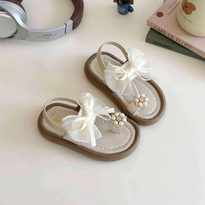 Summer Girl's Sandals Clip-toe Bowknot Elastic Band Soft Sole Kids Sliders Beautiful Pu Leather Chunky Morden Children Shoes