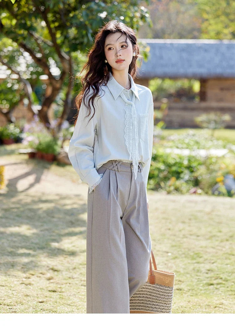 French Spring Blouses Women 2025 New Long Sleeve Turn-down Collar Loose Shirts Female Fashion Lace Casual Tops MXE16C0760
