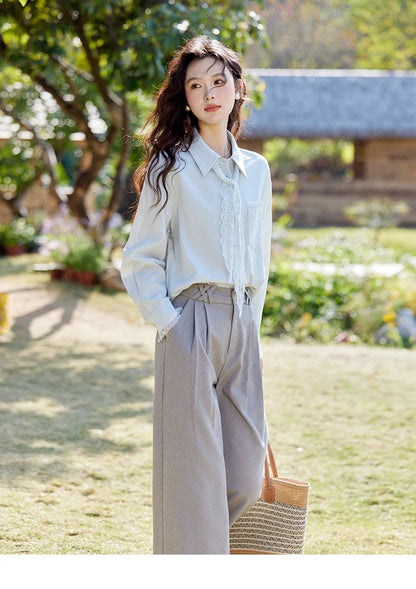 French Spring Blouses Women 2025 New Long Sleeve Turn-down Collar Loose Shirts Female Fashion Lace Casual Tops MXE16C0760