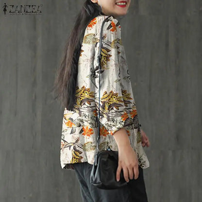 Women Cotton Blazer Vintage Lapel Neck Long Sleeve Thin Coats Autumn Elegant Work Suit Retro Floral Printed Loose Outwear