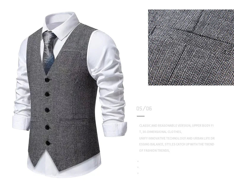 Dark Gray Herringbone Tweed Suit Vest for Men,business Casual Retro Single-breasted Herringbone Pattern Men's Waistcoat Eur Size