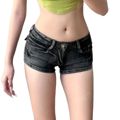 2026 New Washed Low Waist Vintage Denim Shorts Women Dark Grey Y2K Street Hot Pants Retro Millennium Aesthetic Short Jeans