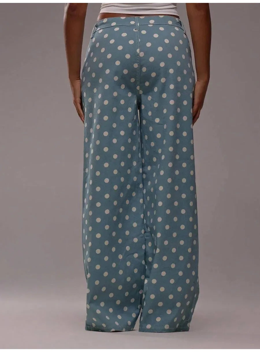 Spring Autumn High Wasit Jeans Pants Women 2026 Fashion Vintage Polka Dot Print Wide Legging Denim Trousers Bottoms Casual