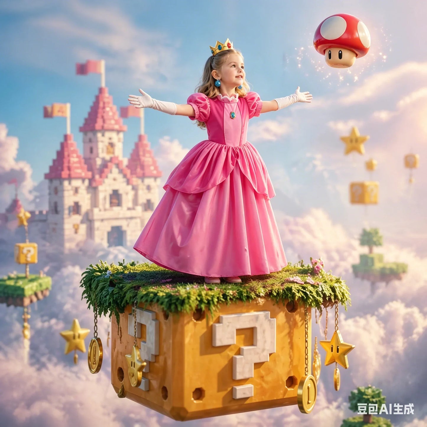 Princess Peach Style Dress Up Costume Set for Little Girls Birthday Carnival Party Role Play Outfit Kids 2-8Y Birthday Gifts