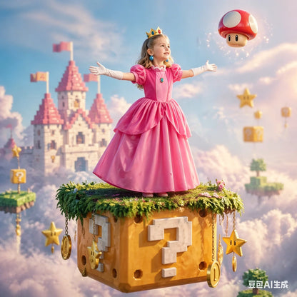 Princess Peach Style Dress Up Costume Set for Little Girls Birthday Carnival Party Role Play Outfit Kids 2-8Y Birthday Gifts