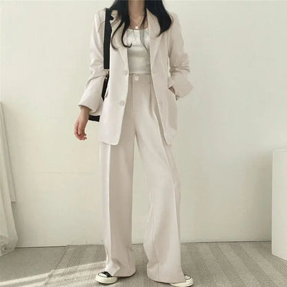 Casual Notch Lapel Suit Set with Button Thick Wide Leg Small Suit Pants High Waist Drape Polyester Business Lady Style Women