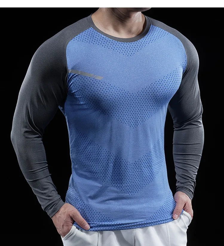 Autumn Winter Men Gym Fitness Display Long Sleeve T-Shirt Crew Neck Elastic Moisture Wicking Tights Running Training Bottom Top