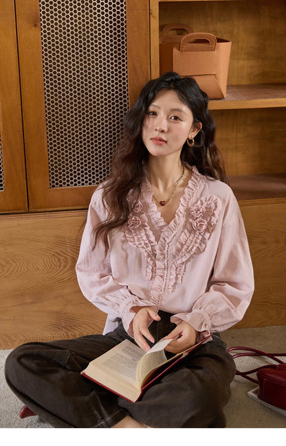 Hand Sewn Rose Blouse for Women Autumn 2025 V-neck  Edible Tree Fungus Edge Tops Sweet Lantern Sleeves Blouses MXE44X2470