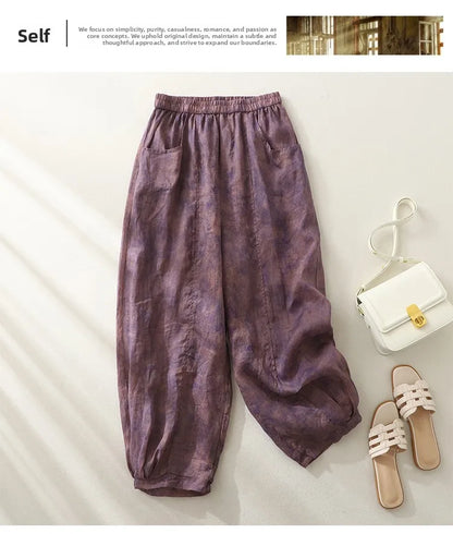 Retro Waterprint Linen Casual Nine-Piece Pants plus Size Women's Loose Elastic Waist Versatile Wide Leg Harlan Pants