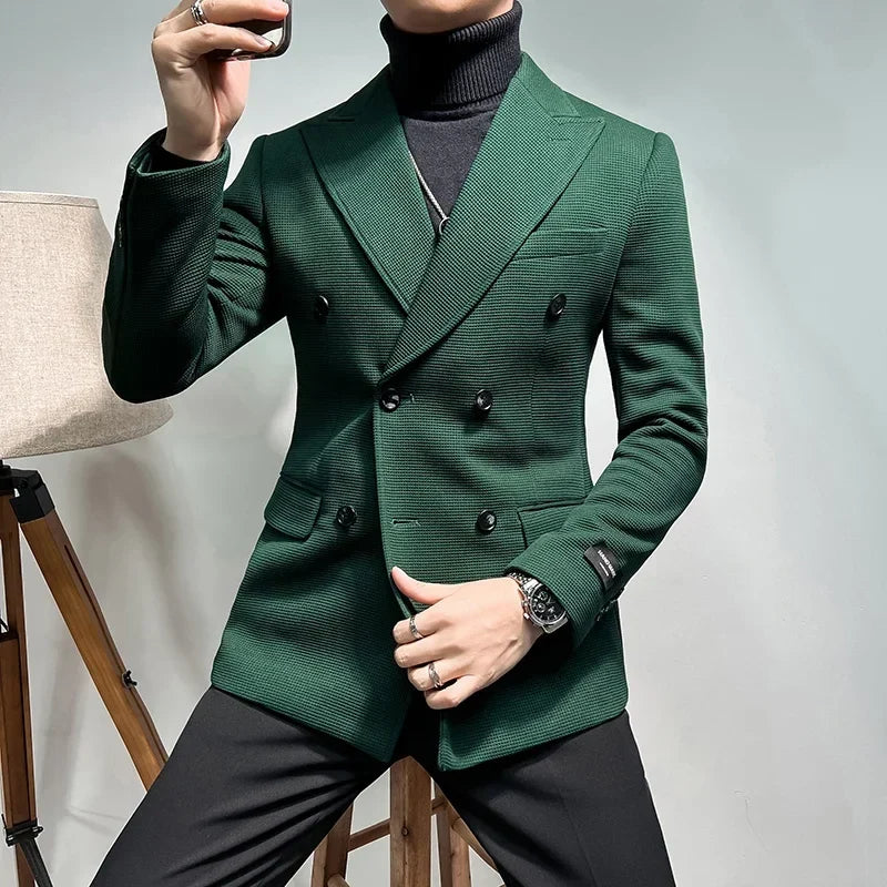 2025 Spring New Men's Waffle Double Breasted Suit Jacket High Quality Business Slim Fit Blazers Groom Social Party Dress Coats