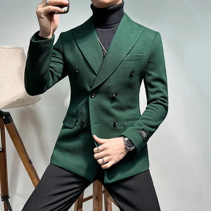 2025 Spring New Men's Waffle Double Breasted Suit Jacket High Quality Business Slim Fit Blazers Groom Social Party Dress Coats