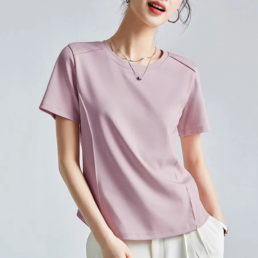 Summer Women's White Mercerized Cotton T-Shirt | 3D Stitching Round Neck Basic Top | Plus Size Slim Fit Layered Casual Blouse