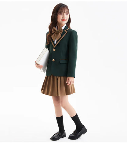 Children British Green School Uniform Girls Korean Jacket Pleated Skirts Boys Blazers Pants Suits Kids Teens Student Clothes Set