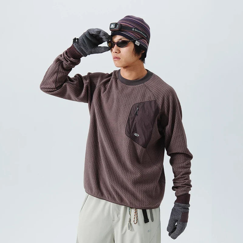 Mountain-Ready Crewneck: Engineered with Ribbed Neck, Reflective Logo, & Secure Chest Pocket for Outdoor Style Unisex