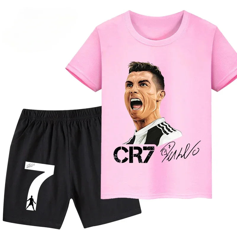 2026 Ronaldo Football Player CR7 Printed Children Clothing Casual T-shirt+Shorts 2pcs Sets Summer Kids Boys Fashion Sportsuits.