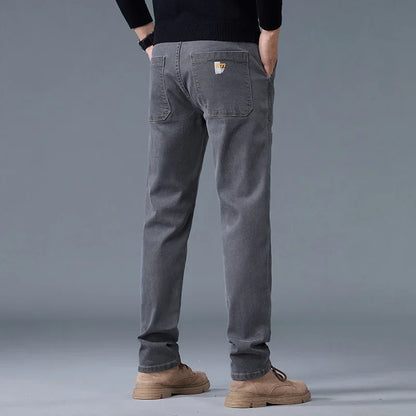 2026 New Style Jeans Men's Slim Fit Korean Style Comfortable Straight Leg Elastic Gray Mid Waist Pants Men's Casual Denim Pants