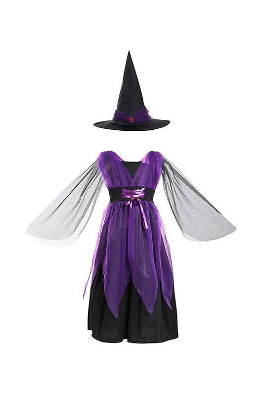 Kids Witch Halloween Costume Witch Cosplay Dress and Magic Hat Set Carnival Party Clothes for Girls Gothic Vampire Costume