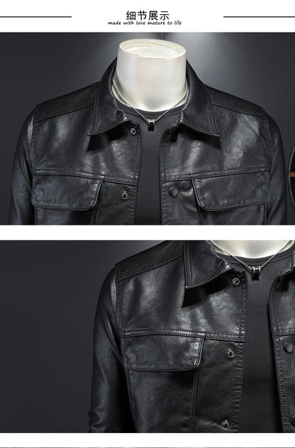 2024 Autumn and Winter New Men's Fashion Handsome with Solid Color Boutique Lapel Motorcycle Leather Coat Slim Fashion  M-5XL