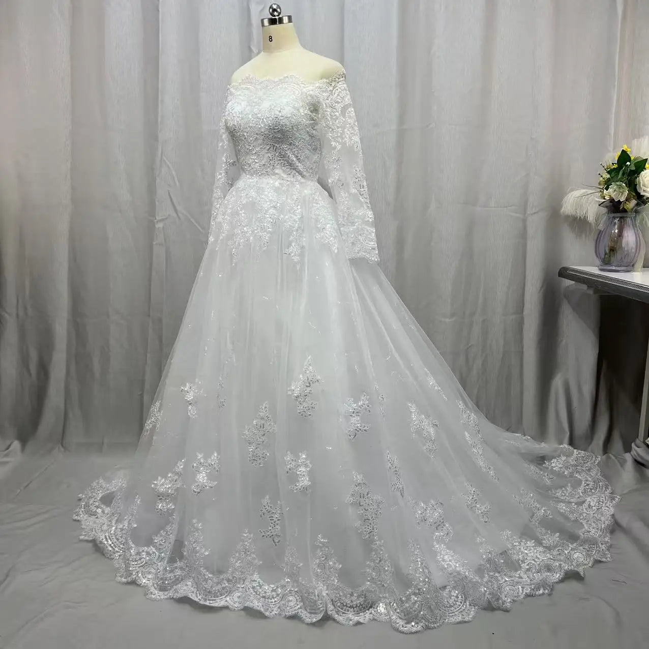 Customizead Ball Gown Wedding Dress Long Sleeves Lace Sequin Appliques Plus Size  Formal Bridal Dresses Princess Wedding Gowns