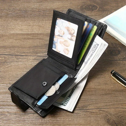 Portefeuille Homme en Cuir Véritable, Brossage Antivol Rfid, Anti-Magnétique, Porte-Monnaie Court, Grande Capacité, Portefeuille à Boucle Multi-Fentes