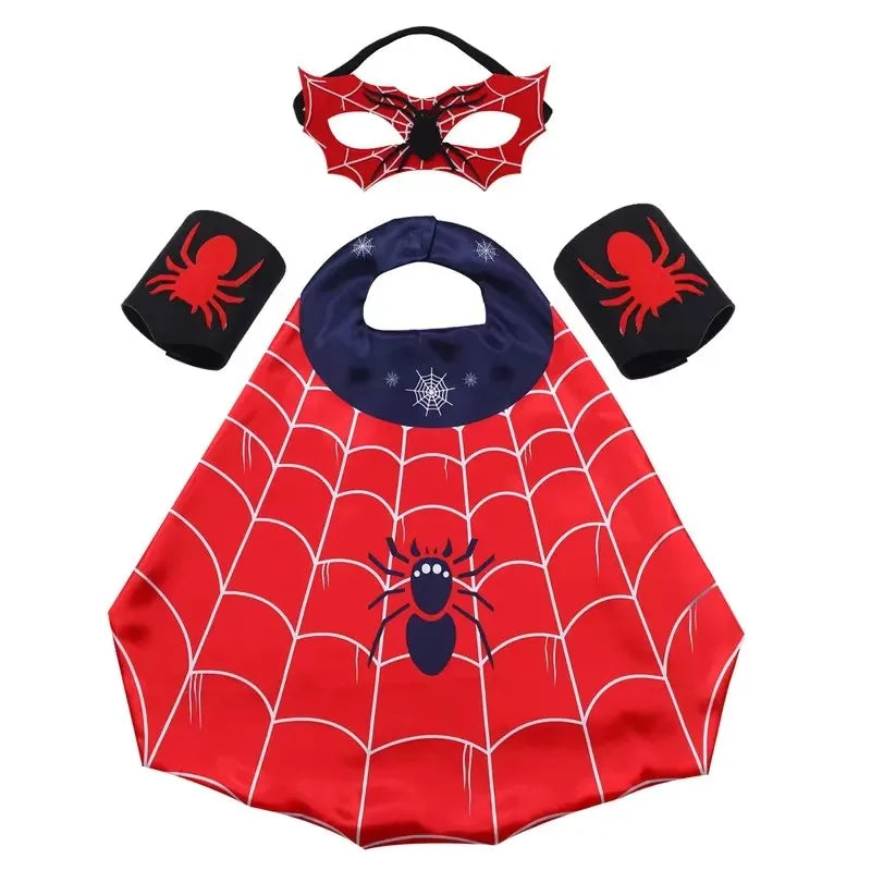 Cartoon Superhero Costume Set for Boys Girls Halloween Dress Spider Cape and Mask with Wristband Cosplay Costume
