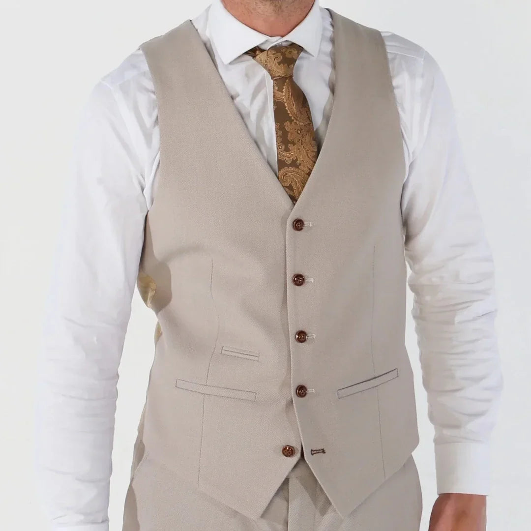 Men Vest Beige V Neck Single Button Solid Waistcoat For Wedding Birthday Banquet Party Business Daily Casual Men Suit Vest