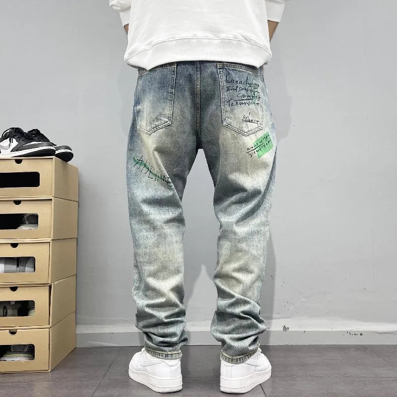 Spring and Autumn New Fashion Trend Printed Straight Leg Vintage Denim Pants Men's Casual Loose Sports High Quality Pants 28-36