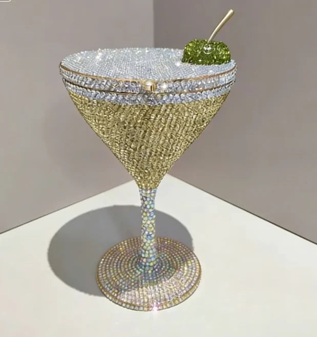 Cherry Martini Gold Rhinestone Evening Cocktail Party Handbag Women Luxury Bling Crystals Wedding Bridal Clutch Purses