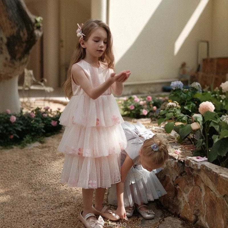 Girls Flower Tulle Cake Blue Pink Dress Princess Party Gown Dresses Kids Sleeveless Birthday Outfits Children Summer Costume