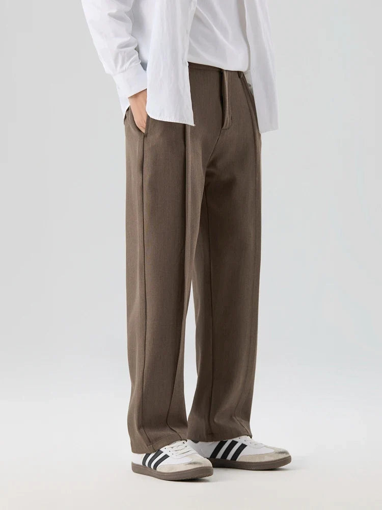 2023 New Autumn Casual Pants Men Korean Fashion Banded Waist Stretch Wide Leg Pleated Suit Slacks Straight Loose Drape Trousers