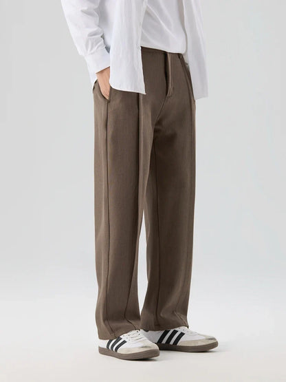 2023 New Autumn Casual Pants Men Korean Fashion Banded Waist Stretch Wide Leg Pleated Suit Slacks Straight Loose Drape Trousers