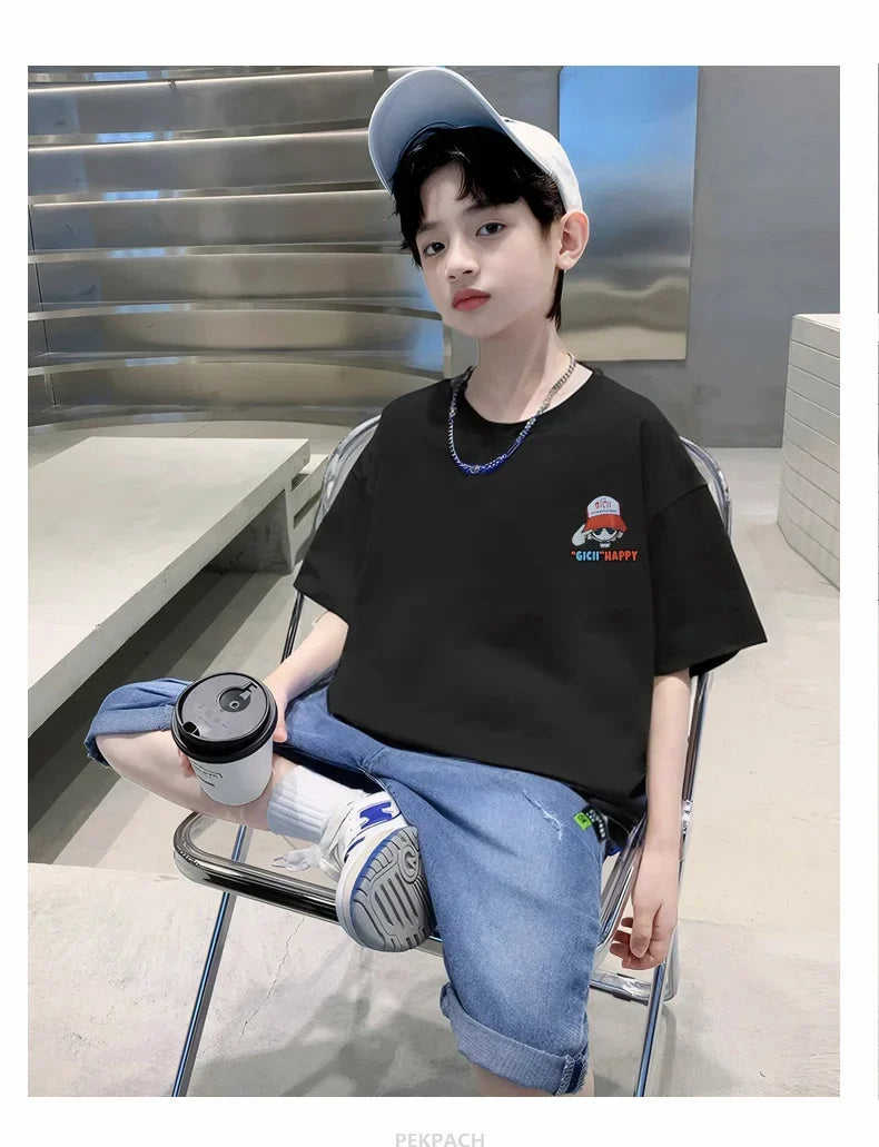 Teens Boy New Summer Clothing Set Cartoon Outfit Children Casual Short Sleeve T-shirt + Denim Shorts 2 Pieces Clothes Tracksuit