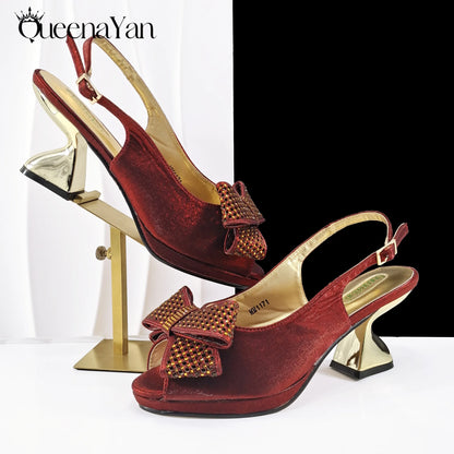 Elegant Women High Heels for Peep Toe Good Material Rhinestone Wine Sandals Italian Design Shoes and Bags Matching