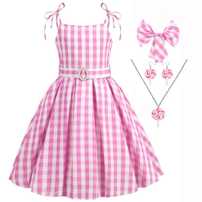 Halloween Hot Movie Barbei Baby Girl Pink Cowboy Look Dress Summer Beach Stripe Cute Sleeveless Plaid Slim Strap Dress Set