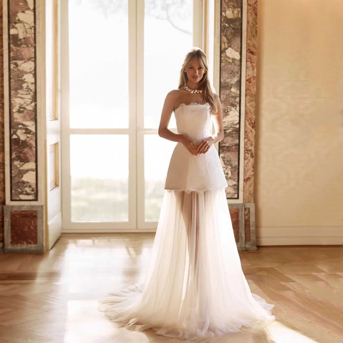 Short Lace Wedding Dresses 2026 Strapless A-Line Mini Bridal Gown with Removable Train Detachable Tulle Overskirt Customized