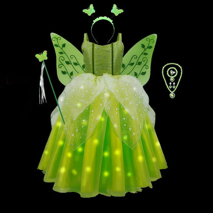 Girls Tinkerbell Fairy Dresses LED Light Up for Girls Costume Kids Cosplay Flower Fairy Princess Clothes Christmas Party Outfit