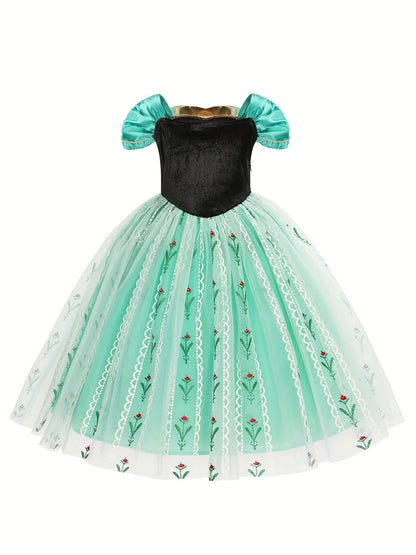 Elsa Anna Dress for Girls Short Sleeve Dress Snow Queen Floral Print Dress Cosplay Birthday Party Children Kids Carnival Clothes