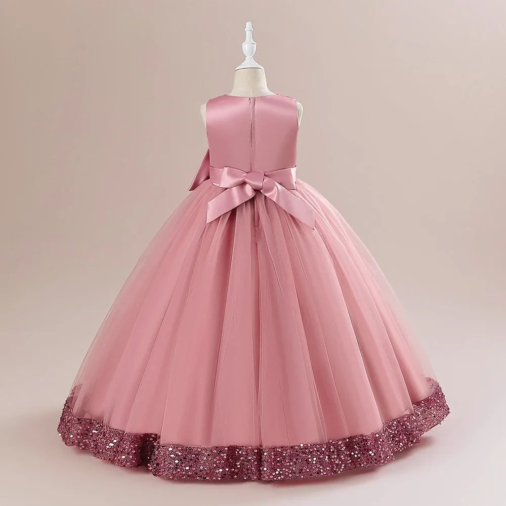 Fluffy Sequin Bridemaid Princess Girls Dress Elegant Bow Pink Wedding Prom Evening Kids Party Dresses for Girl Birthday Costumes