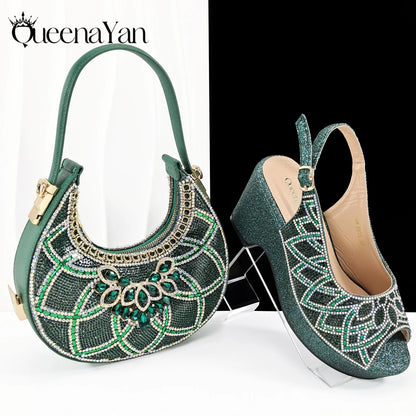 Sky Blue Elegant Nigerian Rhinestone Wedding Shoe and Bag Set Italian Inspired High Heels and Matching Handbag