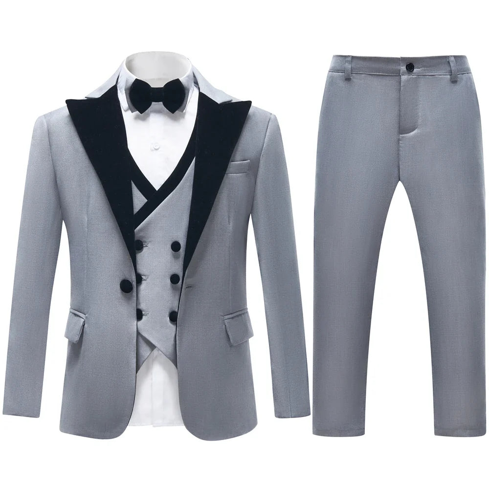 Four Pieces Boys Formal Suit Set, Velvet Collar Blazer Vest Pants Bow-tie Tuxedo Pants, Homecoming Children Wedding Suits