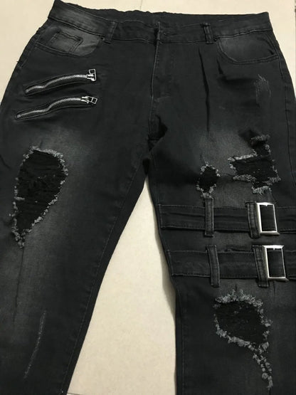 2022 New Jeans Men Fashion Hole Streetwear Straight Jeans Spring Summer Moto & Biker Skinny Casual Denim Pants For Men