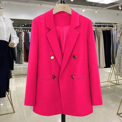 Blazer Woman Autumn Spring Long Sleeve Double Breatsed Lapel Loose Coat Slim Casual Jackets Office Ladies Vintage Blazers