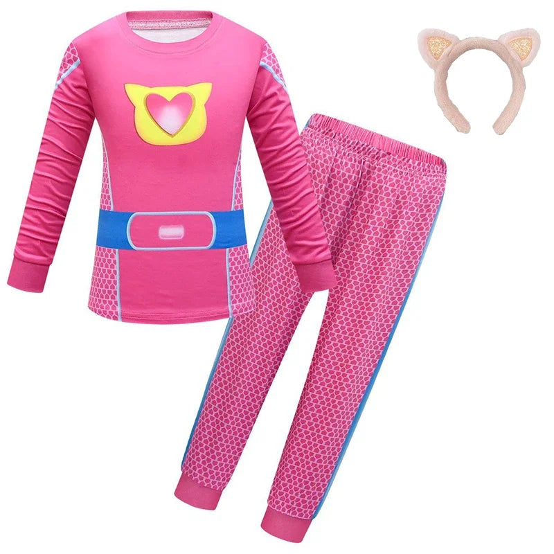 Children SuperKitties Halloween Cartoon Boys Cosplay Costume Super Kitties Buddy Girls Cos Suits Mask Bag Kids Birthday Clothing